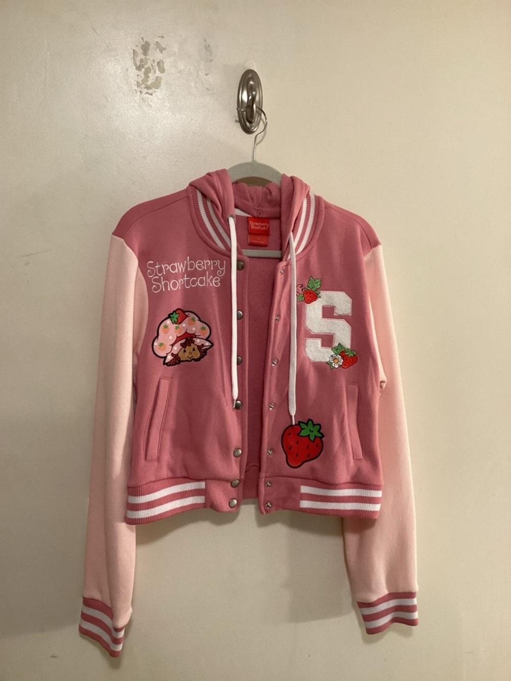 Strawberry Shortcake Pink Hooded Girls' Varsity Jacket - Picture 7 of 14